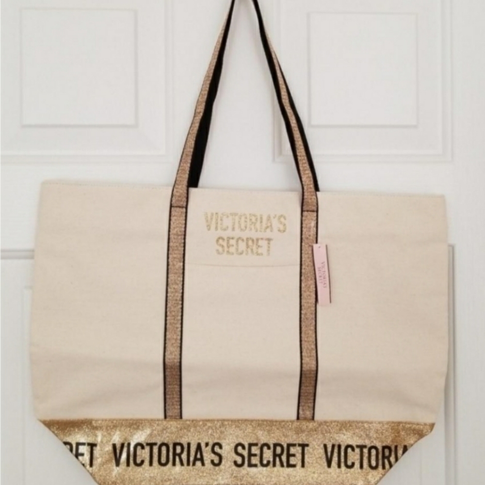Victoria's Secret Adorable Beige & Gold Bag Canvas